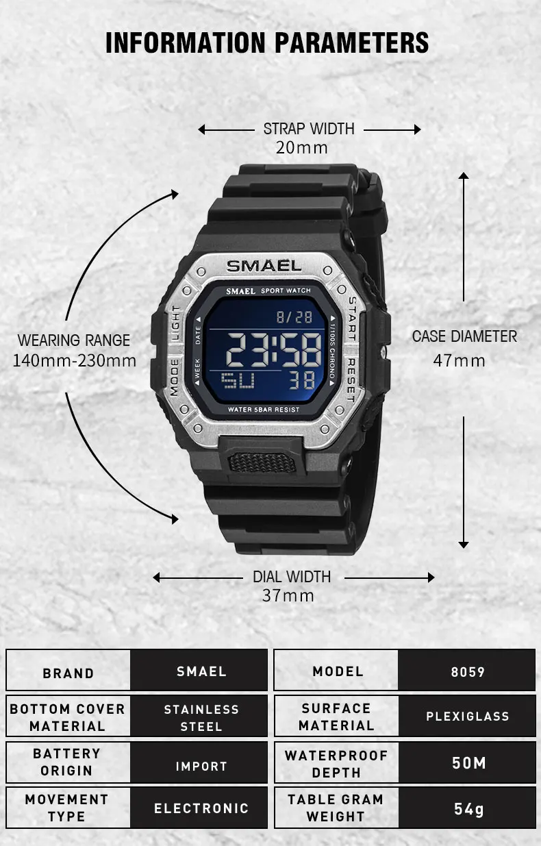SMAEL 8059 Men's Digital Sport Watch - 50M Waterproof LED Backlight Alarm Chronograph Stopwatch Shock Resistant view 6