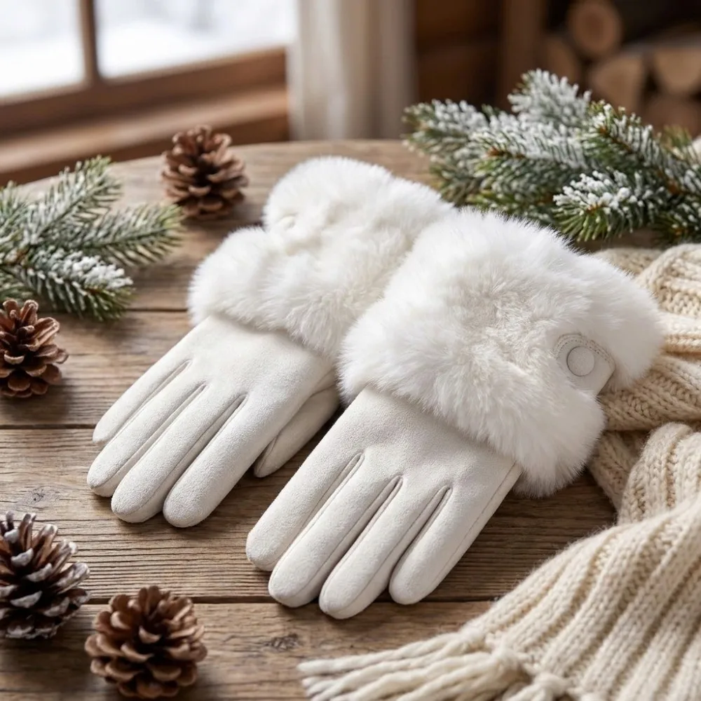 Elegant Plush Thermal Gloves Buckle Design Polyester Winter Warm Gloves Windproof Faux Fur Cuff Split Finger Gloves Driving