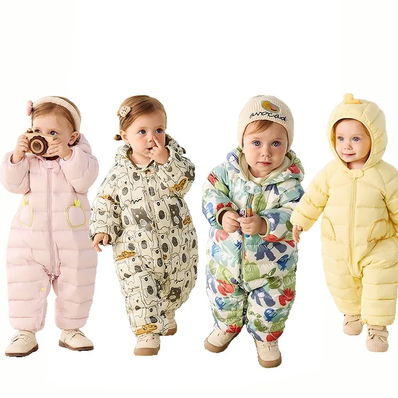 2025 New Winter Baby Down Jumpsuit Unisex Thick Warm One-Piece Crawling Suit Toddler Outdoor Snowsuit Rompers Windproof Outwear