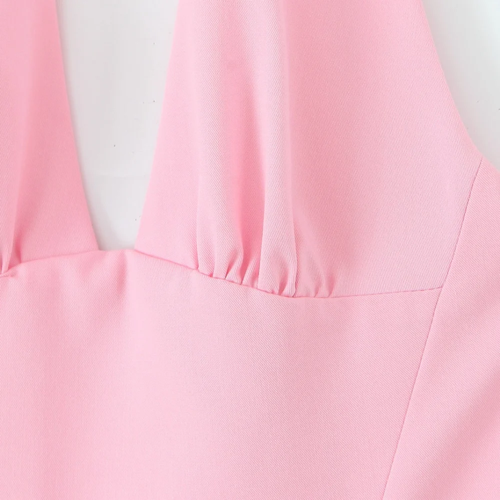 Women's Solid Color Hanging Neck Collar Midi Dress V-neck Sleeveless backless Side Zipper Summer New Sweet Long Dress