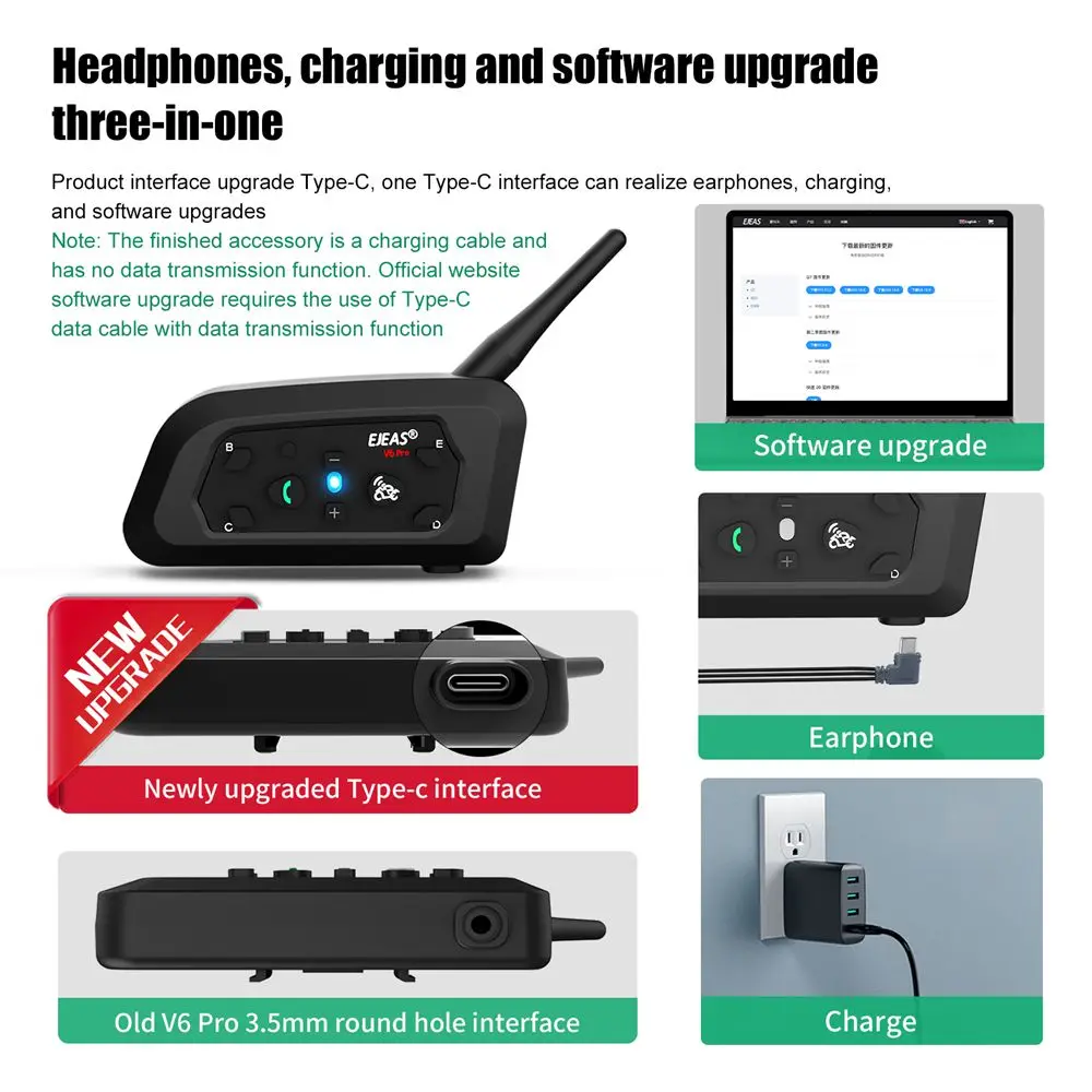 EJEAS V6 PRO+ Motorrad Bluetooth Helm Headset Intercom 850 mAh MOTO Communicator 800 m Interphone für 6 Fahrer IP65 Wasserdicht – Detail 15