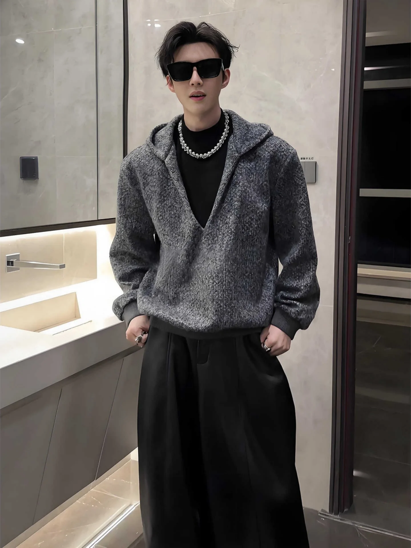 

American Sle Fce Lined Hooded V-Ne Knitwear Men's Winter Casual Faion Outerwear Soft Comfortable Thiened Coat