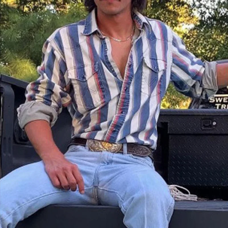 Men's Denim Culture Retro Trend Diamond Printed Long-sleeved Shirt Men's Business Casual 6XL Large Size Vacation Outside Shirt