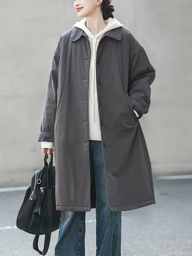 

Художественное молодежное винтажное женское пальто средней длины из чистого хлопка с воротником, зимнее теплое пальто с хлопковой подкладкой, свободный крой, для поездок на работу