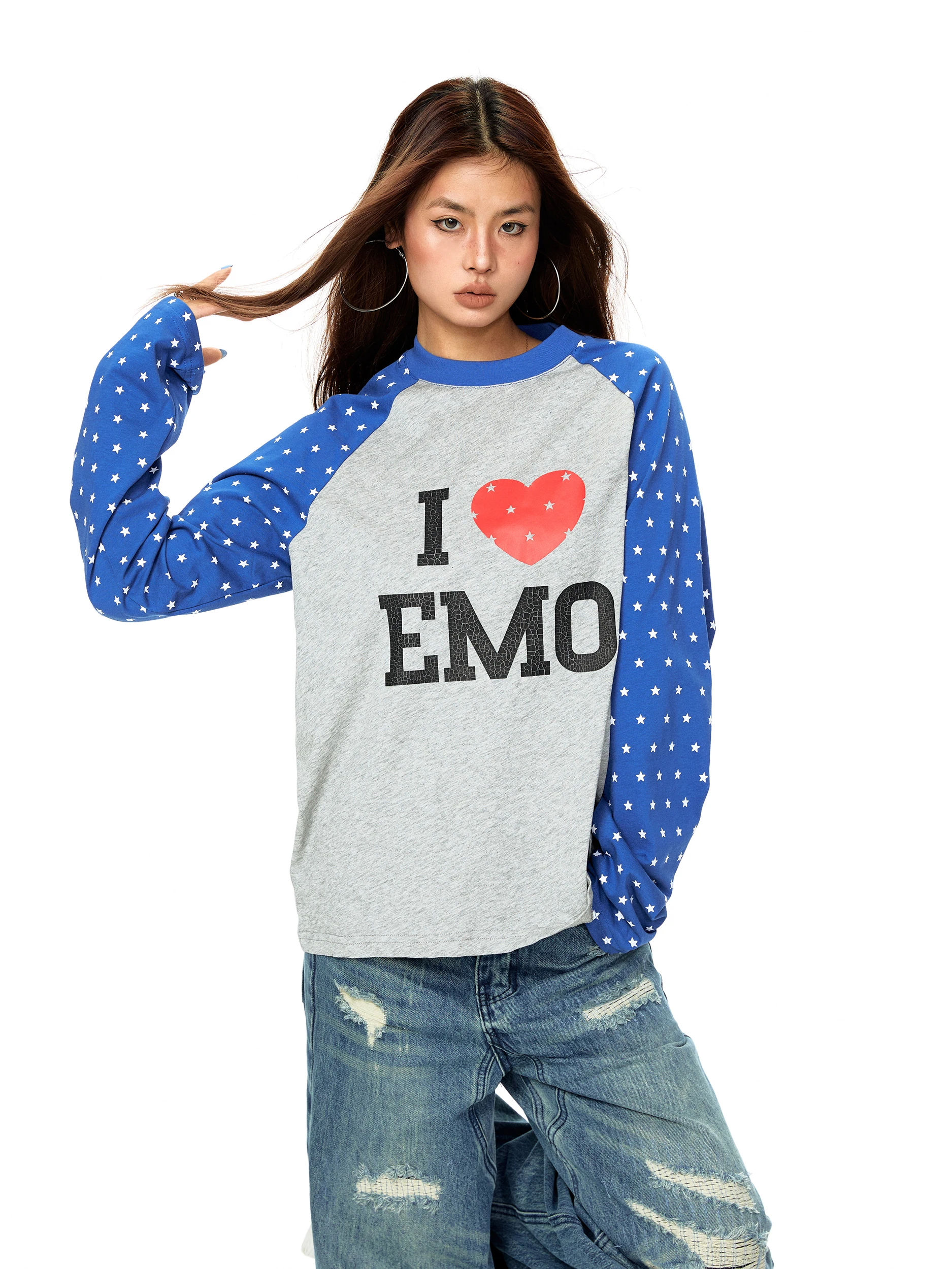 

Черная футболка Blackbb в американском стиле с принтом в виде сердечек, с длинными рукавами, круглым вырезом, свободного кроя, контрастного цвета, женская модная одежда