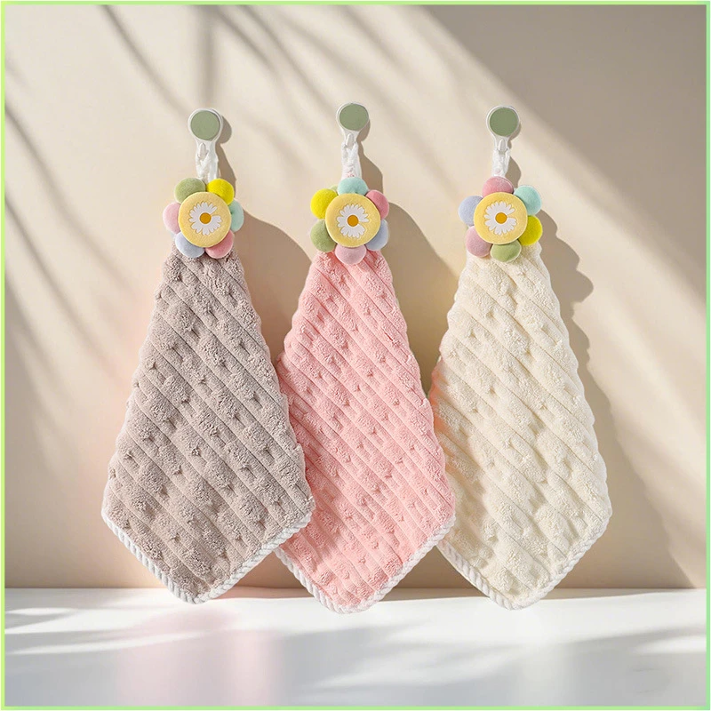 Sun‑flower Hanging Hand Towel, Thickened Oversized Coral Velvet Absorbent Hand Wipe Cloth for Kitchen Bathroom Household Use