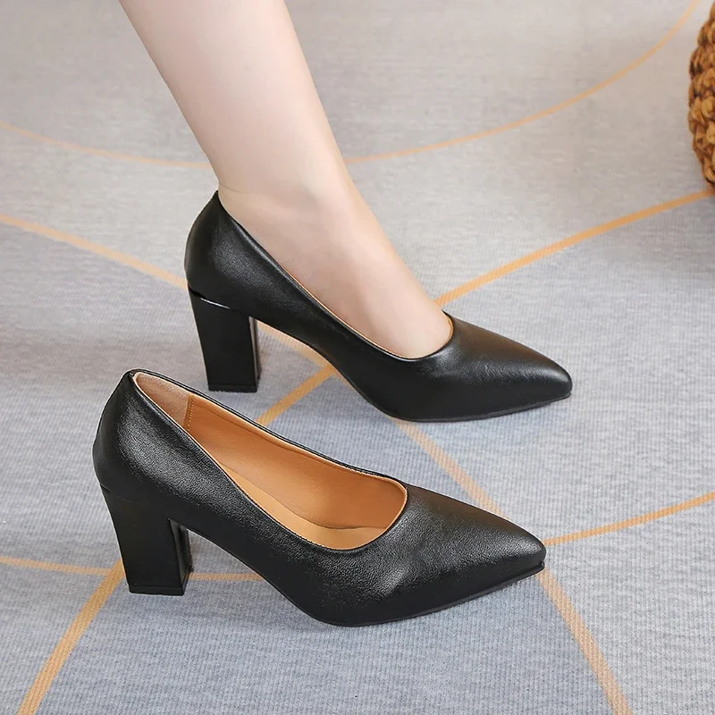 2024 Fashion Women's Single Shoes Pointed Toe Spring and Autumn Women's Comfortable Outerwear Slip-on Thick Heel Women's Shoes