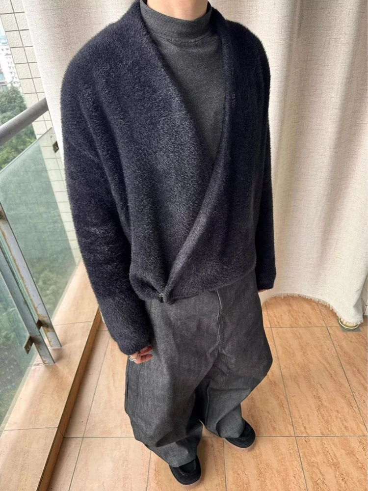 

Autumn Winter Heavyweight Fur Simulation Brued Collar Lazy Soft Smooth Silk Cardigan Sweater Coat Men Women Trendy