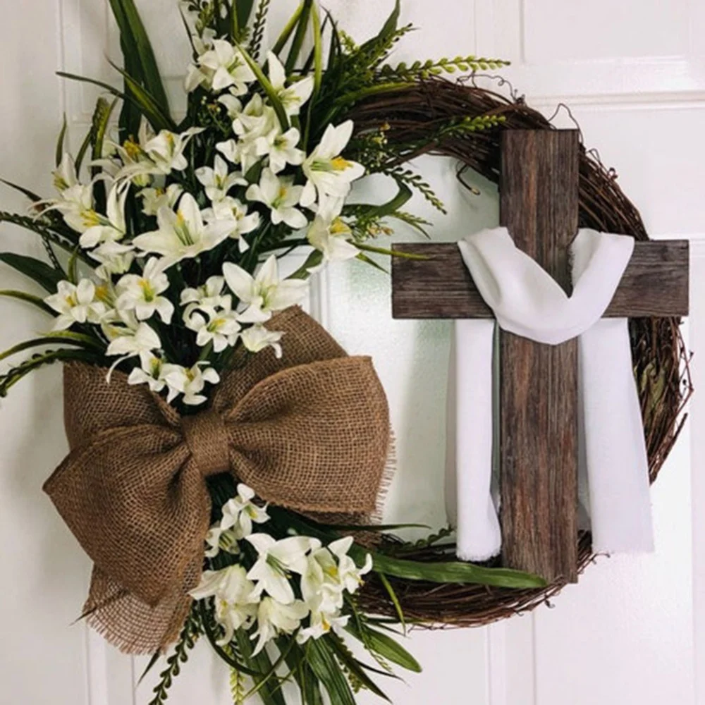 Easter Welcome Cross Wreaths Wooden Religious Ornament Garland Floral Rattan Wall Porch Sign for Front Door Indoor Holiday Decor