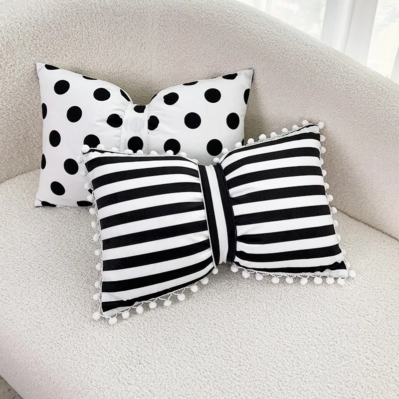 33X50cm Cute Bow Pillow Cover Decorative Sofa Waist Pillow Cushion Cover Stripe Wave Point Pillow Case Home Dorm Girl Room Decor