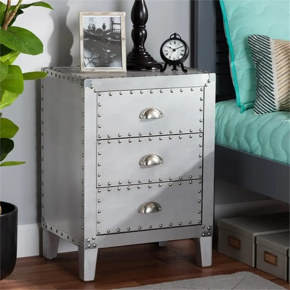 Silver 3-Drawer Nightstand, Industrial Rivet Metal Frame, Bedroom Living Room Side Table, 24.8x17.7x13.8in, Customized