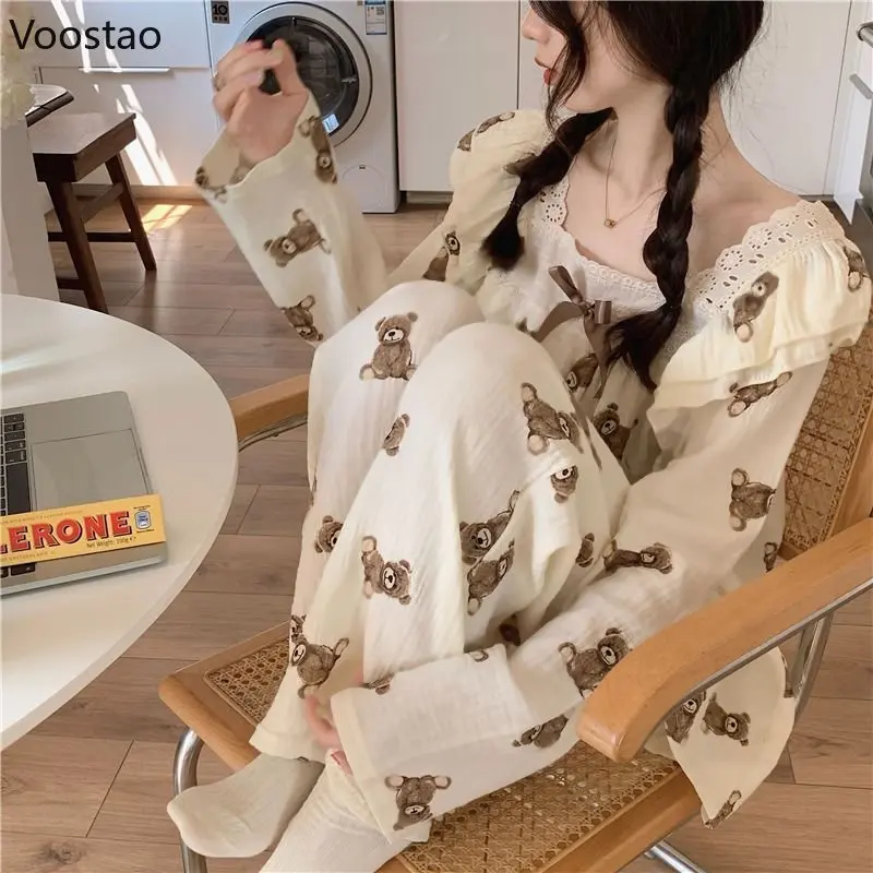 Bonito pijama feminino japonês doce quarto usar rendas babados kawaii urso impressão 2 peça conjunto primavera outono casual pijamas