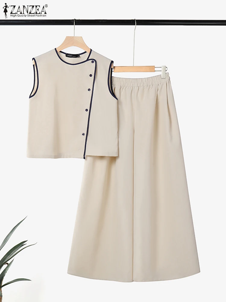 2025 ZANZEA conjuntos de pantalones de verano para mujer, conjuntos de dos piezas, blusa informal sin mangas, pantalones, traje elegante OL, chándal de trabajo, trajes de 2 uds