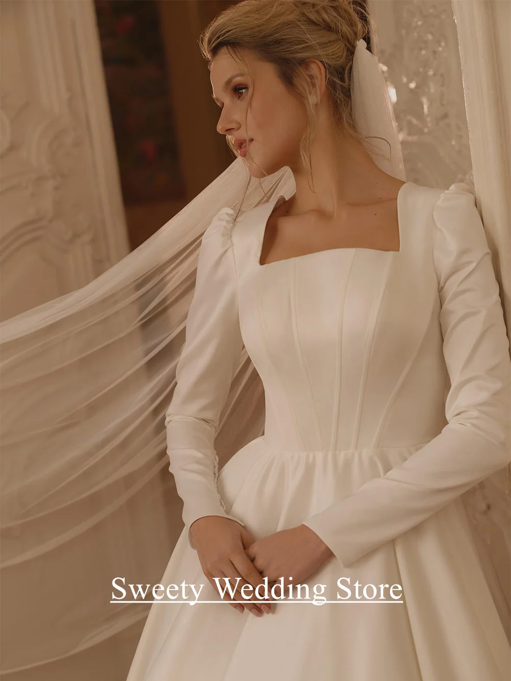 فستان الزفاف العربي مخصص ساحة الرقبة كامل الأكمام عودة زيبر أزرار ثوب الزفاف قطار الاجتياح ألف خط فساتين العروس #2