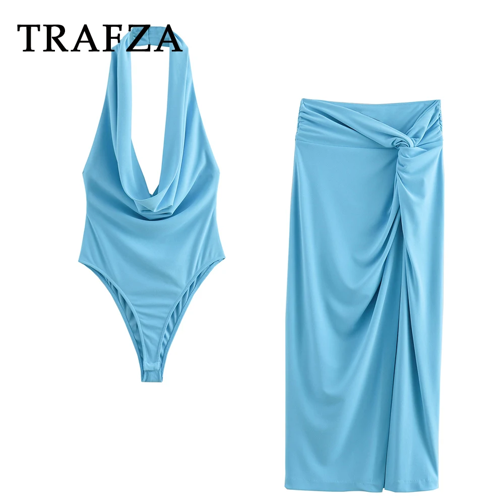 TRAFZA 2024 Women Summer Sexy Solid Folds Suit Neck Collar Onesies Vest+Elastic Waist Bow Midi Long Dress Women Casual Sets