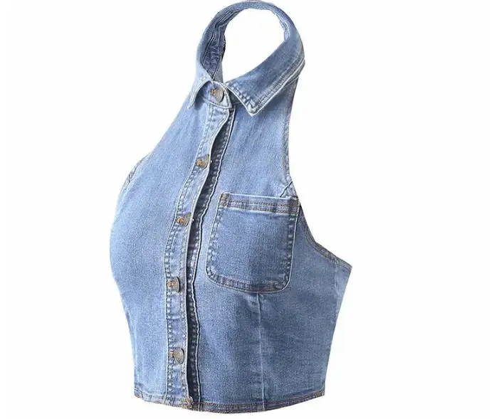 Women's summer blouse new solid color bottoming shirt denim halter vest top women