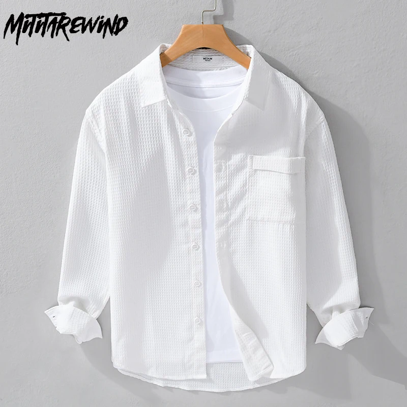 

Spring and Autumn New Mens Long Sleeve Shirt Daily Casual Solid Color Shirts Pocket Waffle Textured Lapel Shirt Simple Men Tops