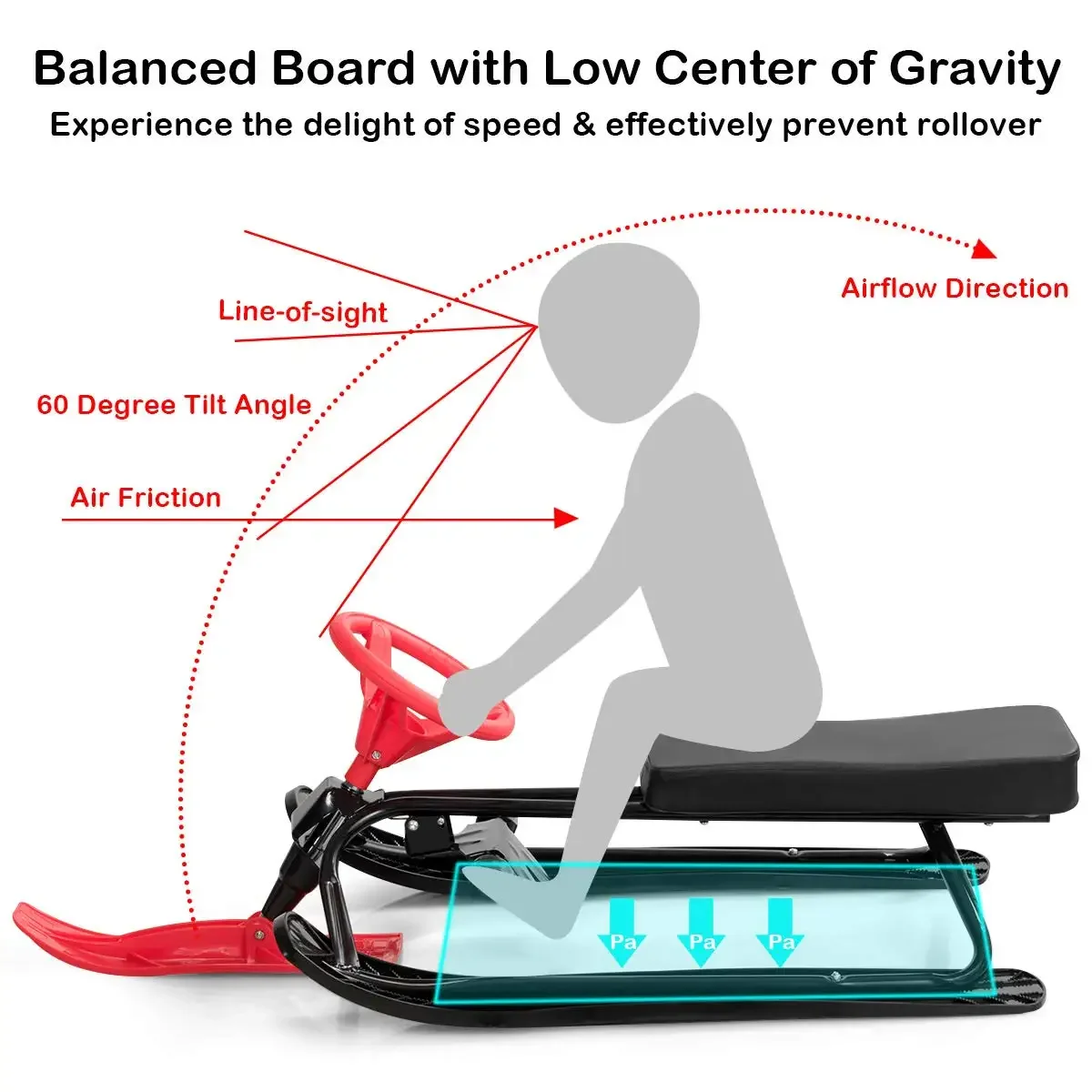 Snow Racer Sled With Steering Wheel&Twin Brakes Durable Steel Frame Classic Downhill Steerable Sled For Kids Teenagers Adult