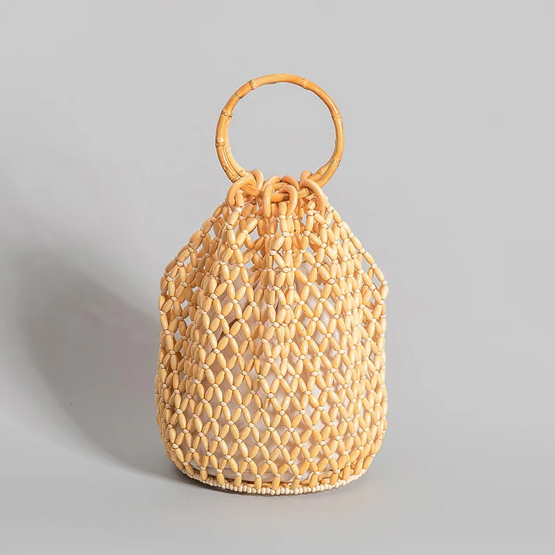 New Fashion Hand Woven Women Handbag Wooden Bead Women Bag Vintage Quality Versatile Hollow Bucket Bag