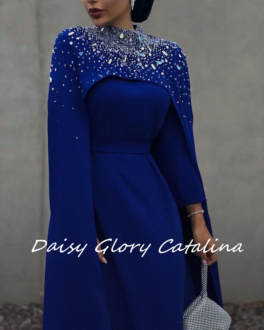 Blue Crystal Evening Dresses Elegant Women Wear Prom Dress Handmade Beaded Wraps Long Sleeves Saudi Arabia Wedding Party Dresses