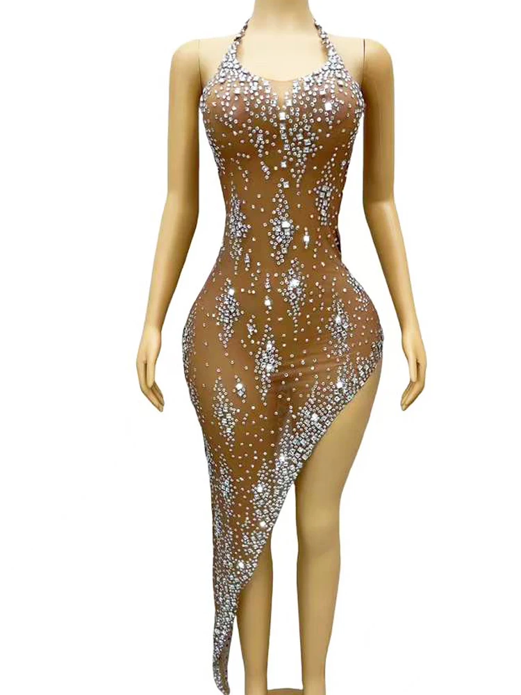 Sexy See Trough Mesh Dress For Women Shining Rhinestone Sleeveless Evening Prom Party Photo Shoot Wear Stage Performance Costume