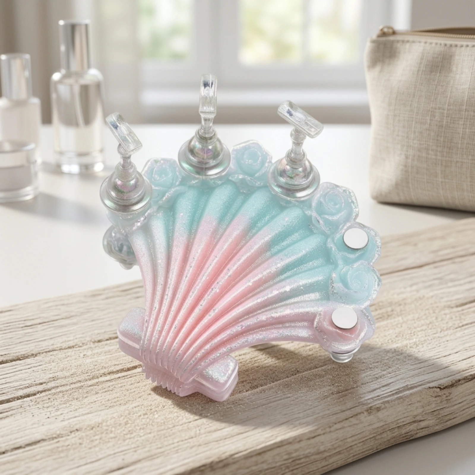 Nail Stand with Magnetic Base Shell-Shaped Nail Practice Stand Iridescent Glittery for Manicurists, Home DIY, Beauty Schools