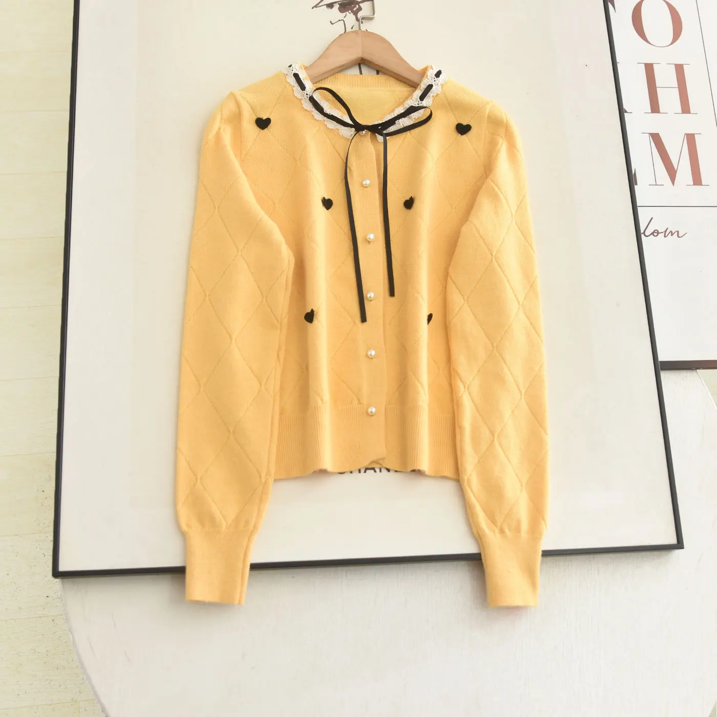 

Yellow Knitted Sweater with Bow Design Autumn Winter New Arrival Versatile Long Sve round Ne Button Front Cardigan for W...