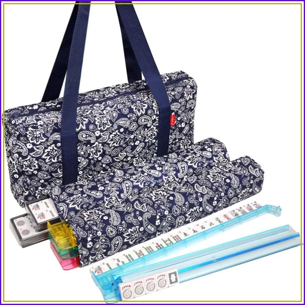 

American Mahjong Set 166 Premium White Tiles, 4 All-in-One Rack/Pushers, Blue Paisley Soft Bag – Classic Full Size