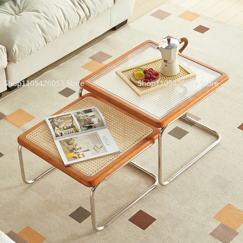 

Retro Internet celebrity rattan coffee table household small apartment living room side few combination antique stainless