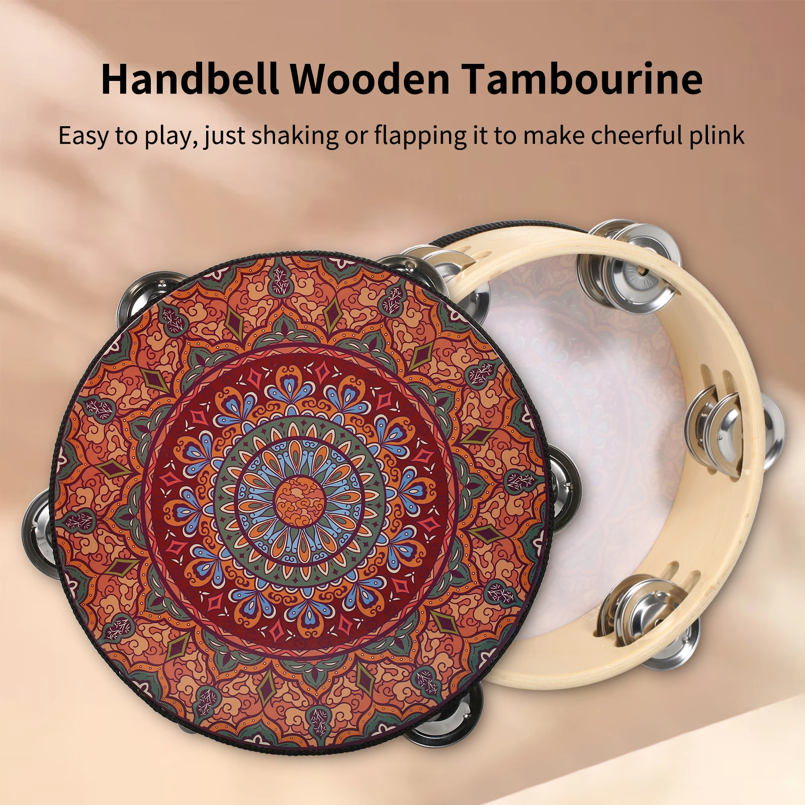 8 بوصة خشبية الدف Handbell طبلة يدوية مع صف مزدوج 12 قطعة الصنج المعدني الأناشيد آلة قرع موسيقية للأطفال