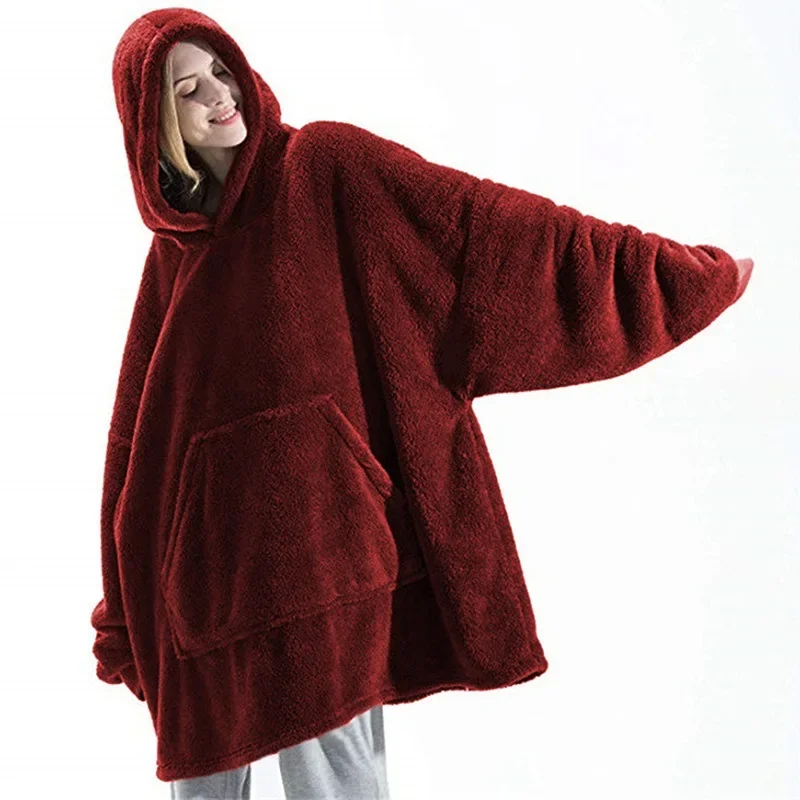 2024 Winter Women Double-faced Fleece Hoodie Blanket Oversize Large Pocket Warm Couple Loose Sweatshirts Women and Men Robe