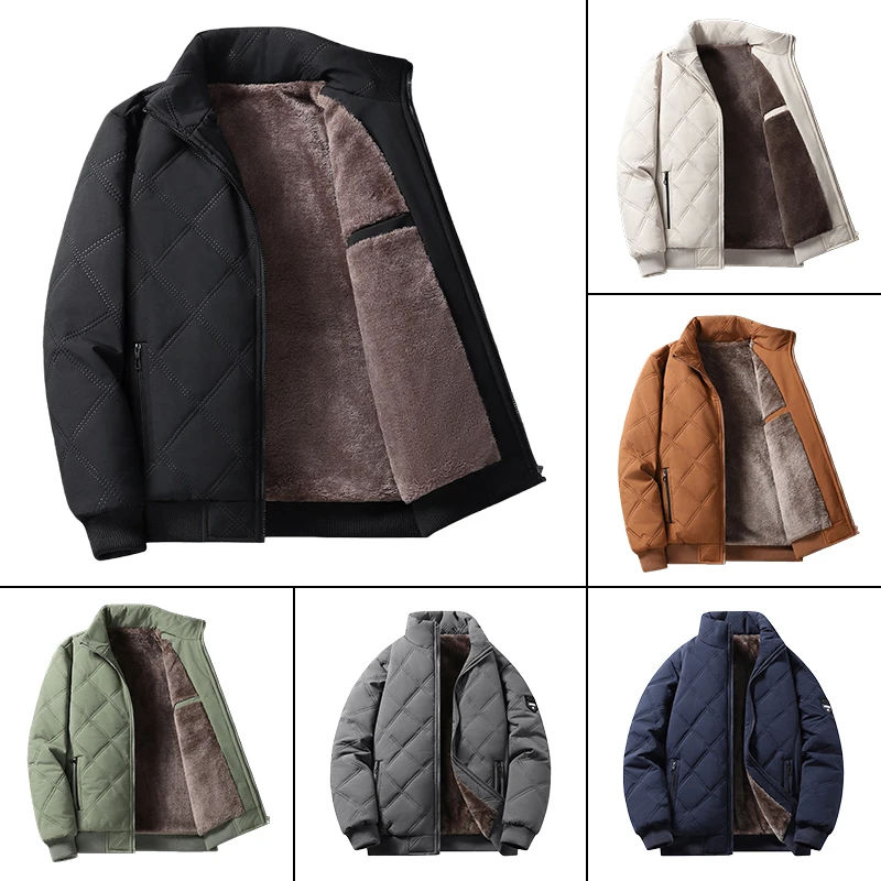 Jaket Kasual Pria Katun Musim Gugur Musim Dingin Desain Manset Tebal Jaket Berkerah Tegak Tahan Angin Jaket Katun Berlapis Berlian Termal
