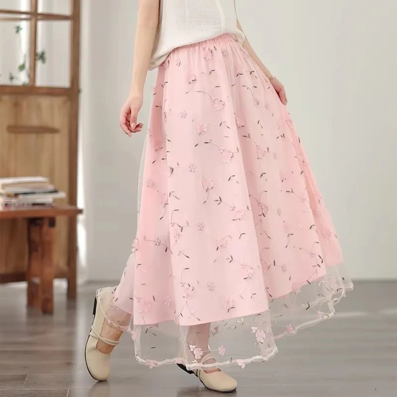 Bohemian 3D Flower Embroidered Mesh Skirt Women 2026 New Summer High Waist Fluffy A-Line Long Skirt Fashion Pink Beach Skirts
