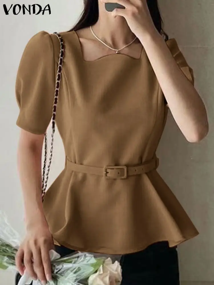 VONDA Fashion Square Collar Blouse Women Shirts Short Puff Sleeve Summer Tops 2024 Elegant Solid Casual Streetwear Belted Blusas