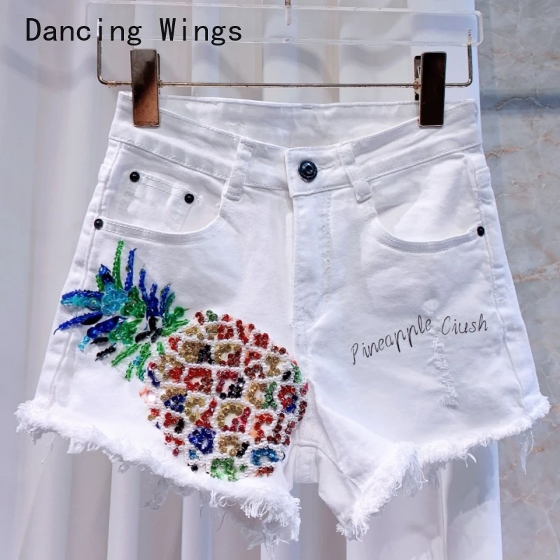 

Women 2024 New Summer Rhinestone Pineapple pattern Beads High Waist Denim Shorts Female Casual Wide Leg Jeans Chic Wild Shorts