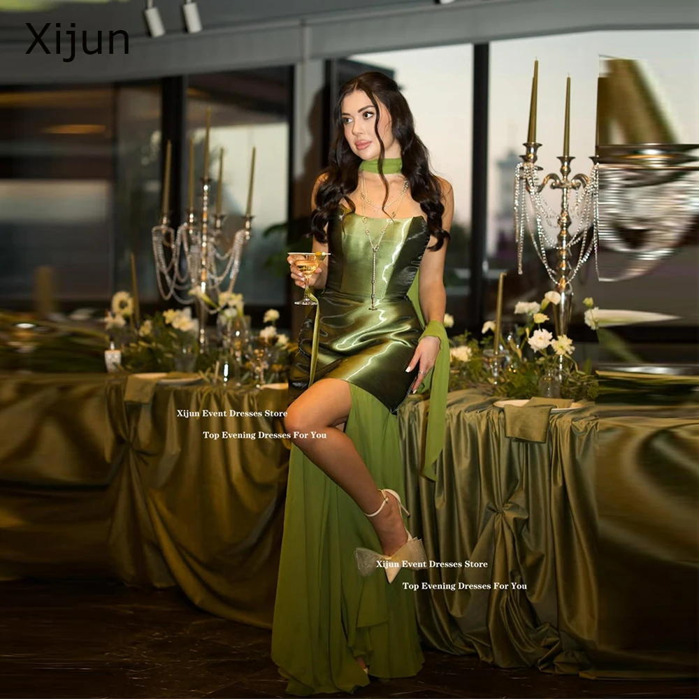 

Xijun Green Silk Satin Evening Dresses Scarf Sleeveless Side Slit Prom Dresses Modern Birthday Party Gowns 2026 Women Customized