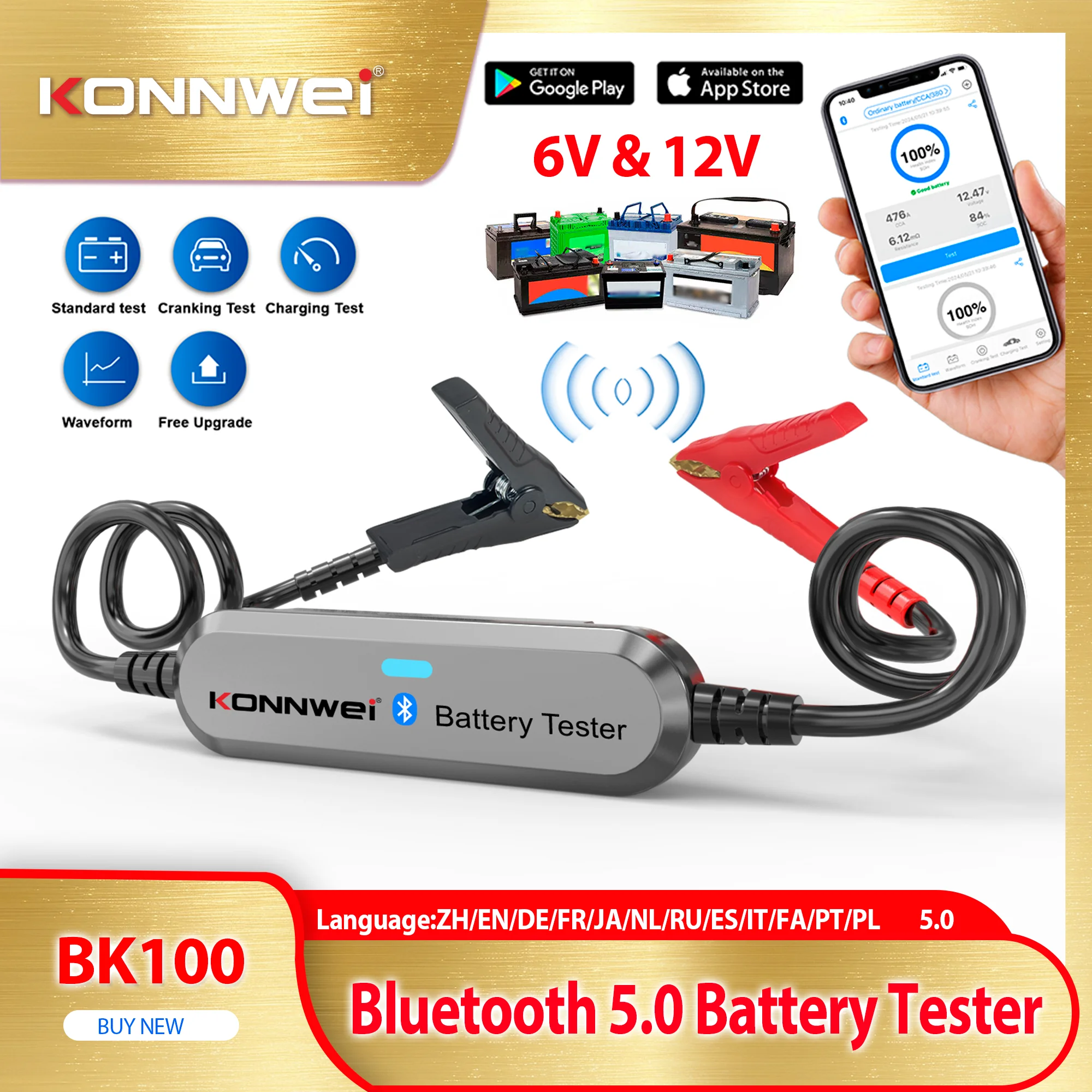 

NEW KONNWEI BK100 Bluetooth 5.0 Battery Tester for Car Motorcycle 12V Battery Monitor 100-2000 CCA Charging Cranking Test Tools