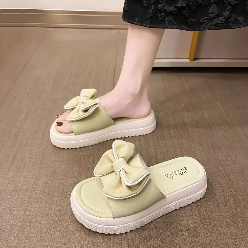 Sandals Height Open Toe with Bow on Word Woman Slippers House Shoes for Women Home Outside Thick Slides Indoor Off White Normal