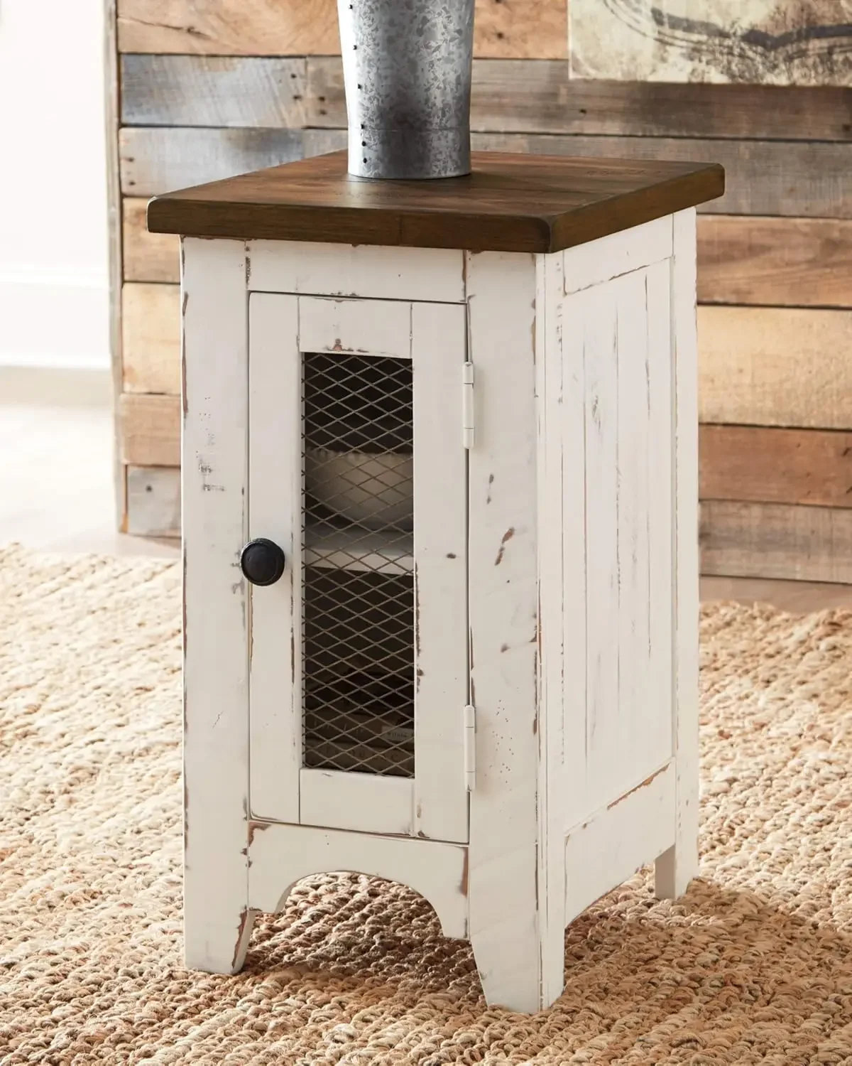 Chair Side End Table with Cabinet Door for Storage, White & Brown with Distressed