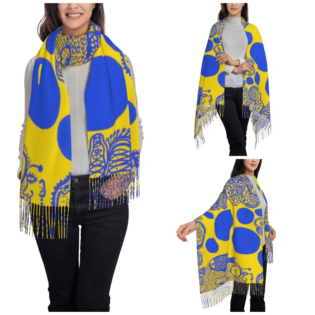 Women's Tassel Scarf Yayoi Kusama Blue Fish Single-sided Pattern Winter Fall Shawl Wrap Gifts Cashmere Scarf