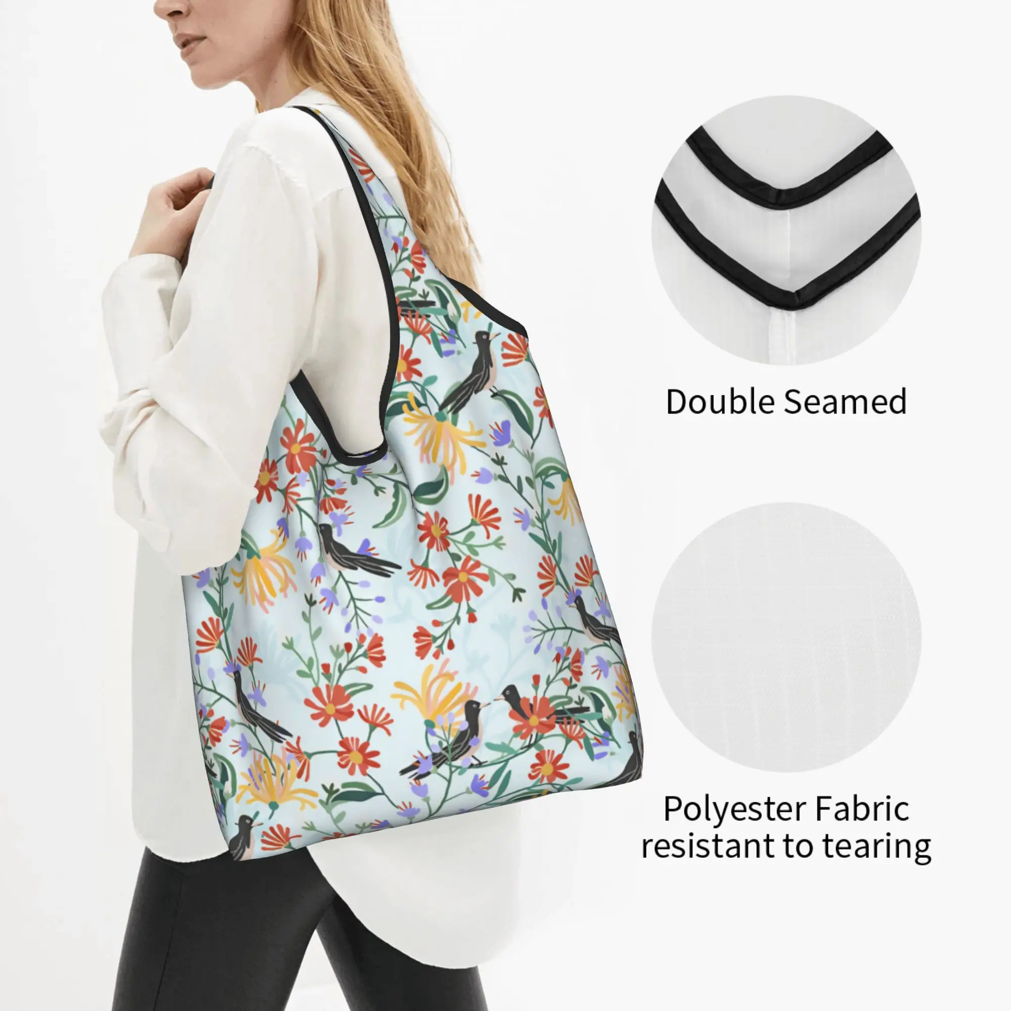 Cute Printing High Watercolor Birds And Plant Flowers Tote Shopping Bag Portable Shoulder Shopper  Handbag