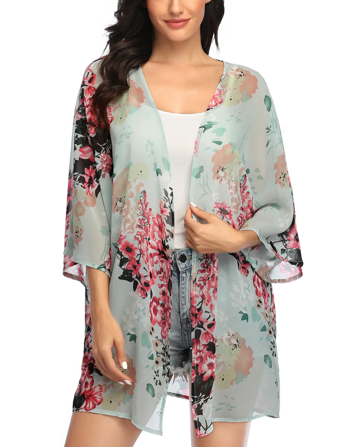 Clothes Women Chiffon Shawl Floral Print Kimono Cardigan Top Large Size Loose Beachwear Cover Up Blouse /PT