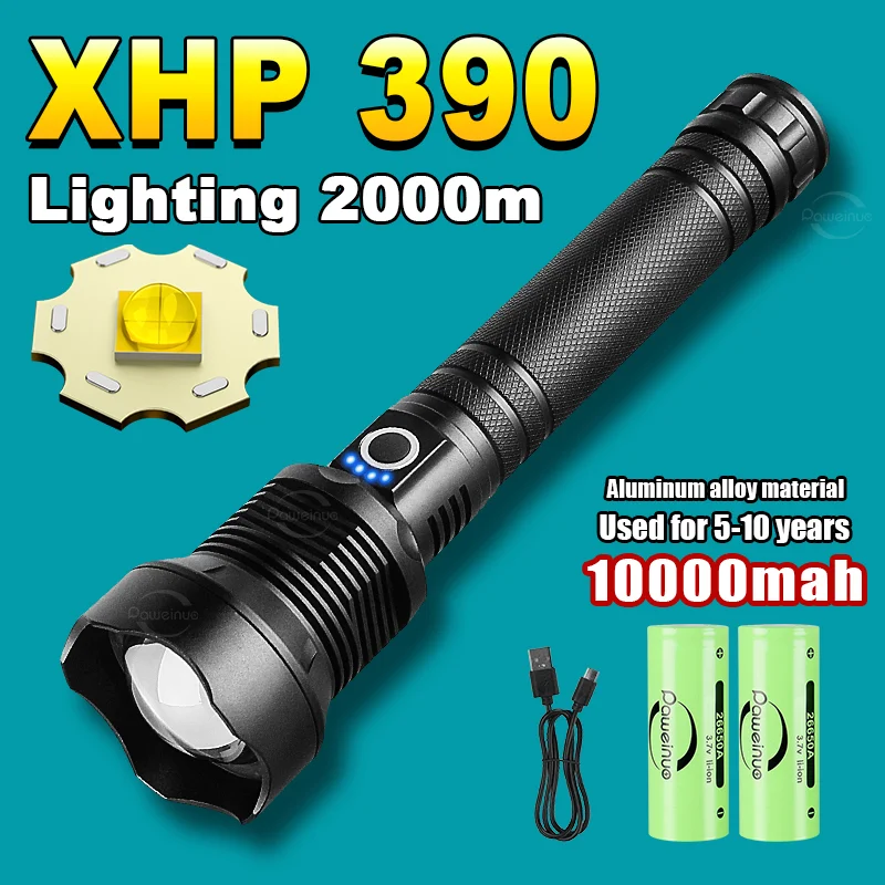 

NEW Strong Light Flashlight XHP390 Wick Telescopic Zoom 10000mah Rechargeable Tactical Lantern Self Defense Most Powerful Torch