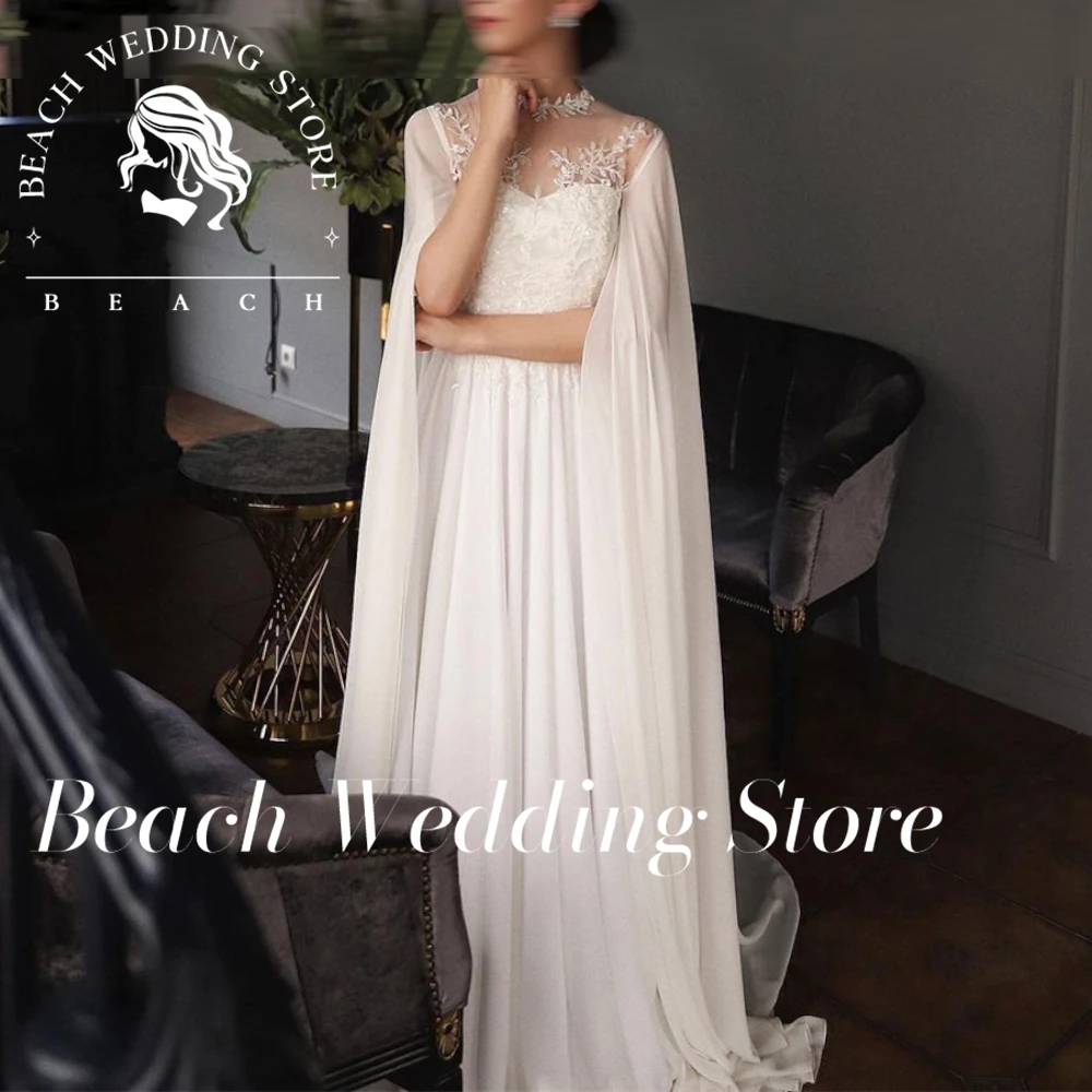 Beach Simple O-Neck Cape Sleeves Appliques Wedding Dress For Women Sexy Backless A-Line Chiffon Bridal Gown Vestidos De Novia