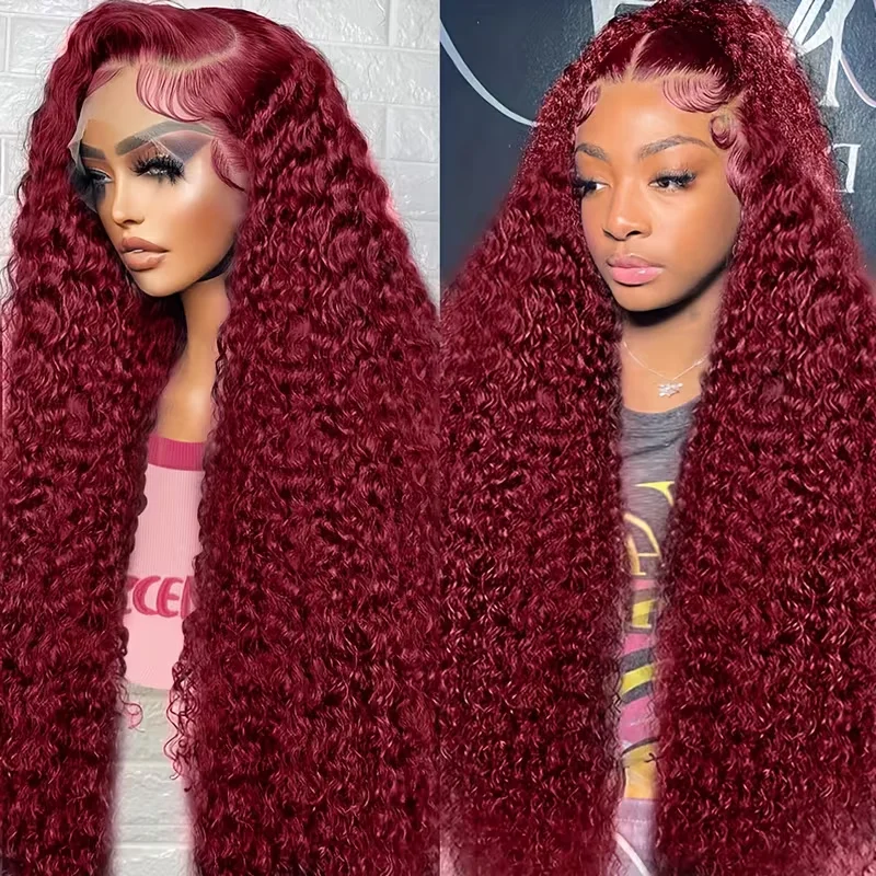 Deep Wave Burgundy 99J 13x6 Hd Lace Frontal Wig Human Hair 220 Density 36 Inch Curly Human Hair 13x4 Water Wave Red Colored Wig image 2