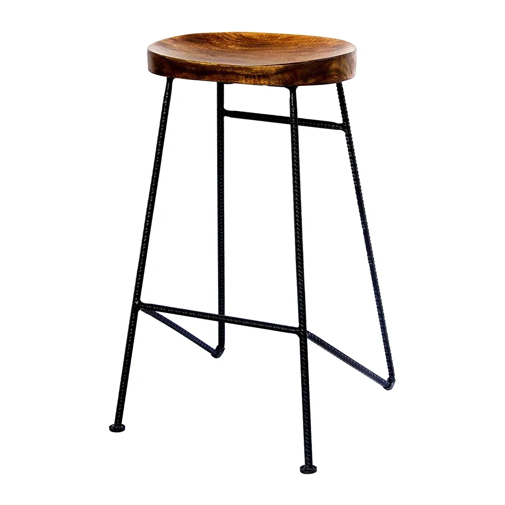 Taburete de bar, patas recubiertas en polvo negro con tapa de madera de mango, sillas de bar de metal, taburetes de bar grandes y modernos a la venta