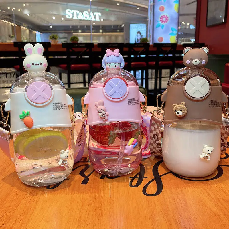 Cute three-dimensional bear rabbit cartoon children's plastic straw pot belly cup portable straw cup student kettle