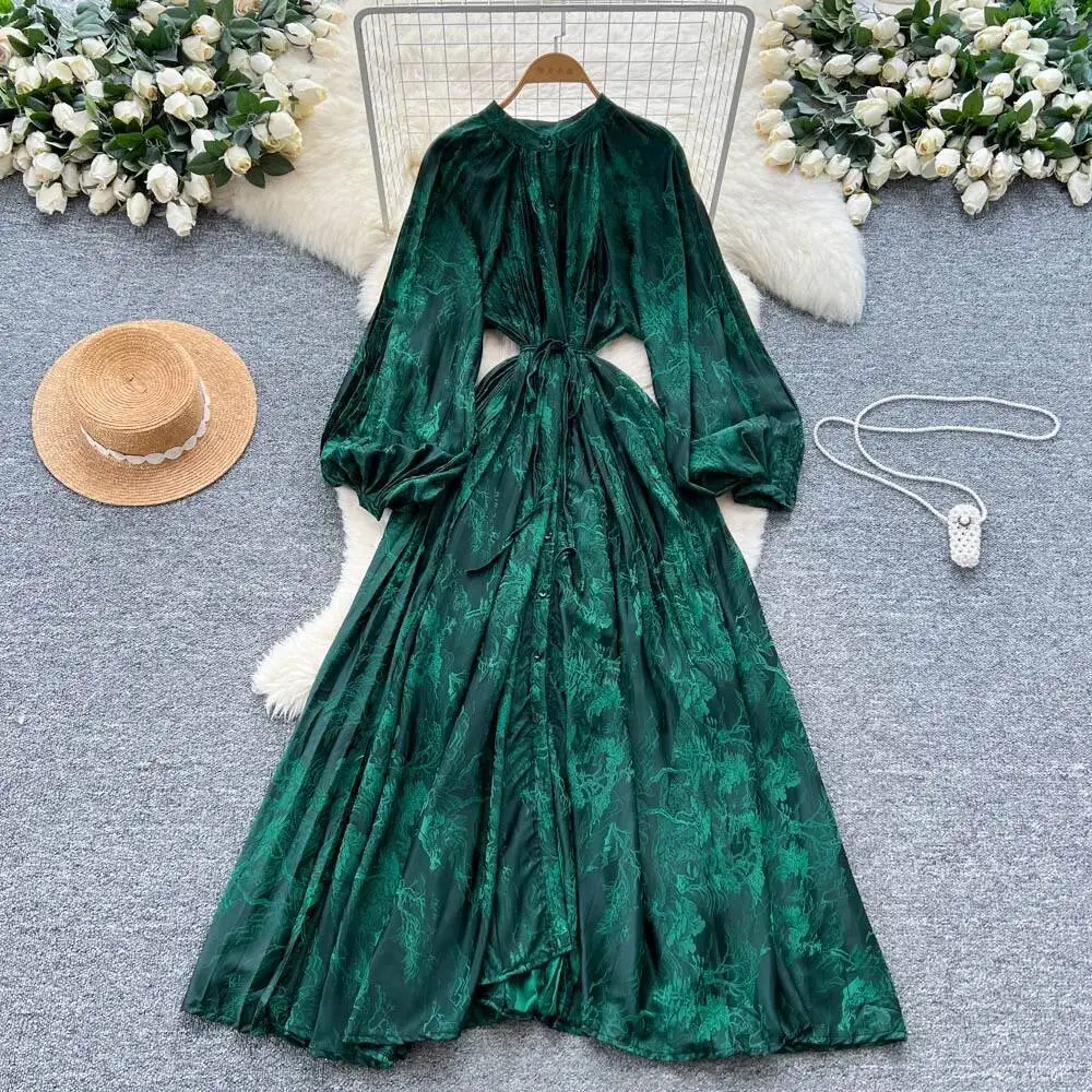 ชุดเดรสยาวสไตล์เกาหลี โบฮีเมียน แฟชั่นผู้หญิง ลายพิมพ์หลวมๆ ผูกเชือก ทรงเข้ารูป กระดุมแถวเดียว ดีไซน์หรูหรา สไตล์วินเทจ