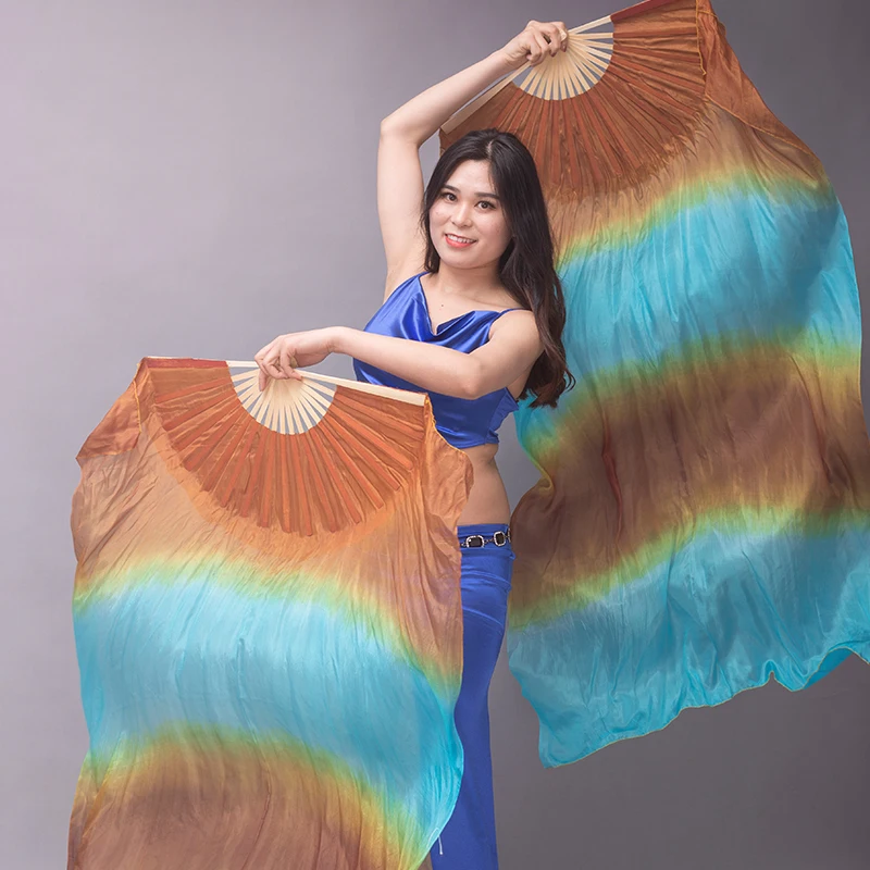 For Kid and Women Belly Dancing Bellydance 1 Pair Gradient Color Dancer Practice Stage Performance 150/180x90cm Real Silk Fans