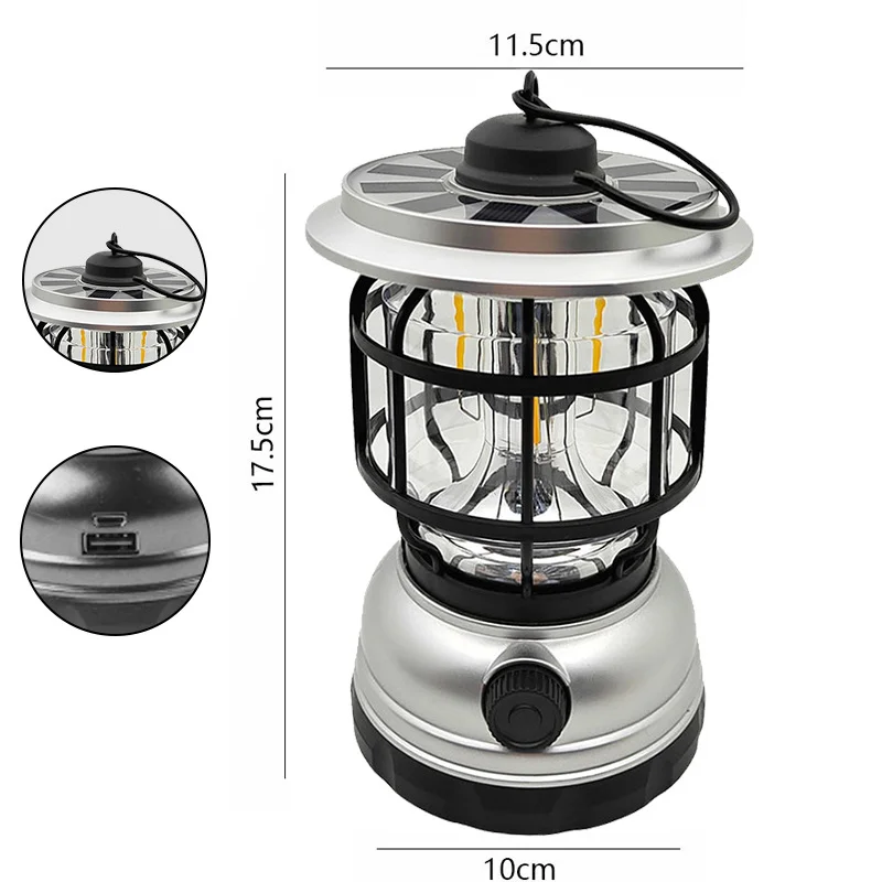 Portable Solar Lights Outdoor New Vintage Hanging Lantern LED For Rechargeable Retro Camping Lighting Antique Storm Lantern Lamp